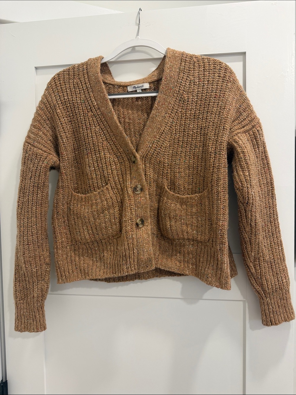 Madewell Chunky Knit Wool Blend Flecked V-Neck Cardigan Sweater Camel Brown S